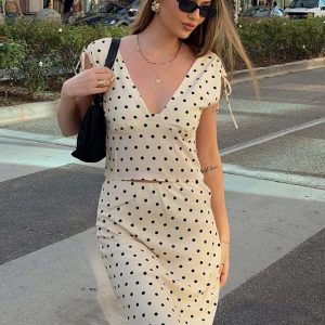 Women's 2-Piece Polka Dot Midi Skirt Set – V-Neck Crop Top & High-Waist Ruched Skirt Outfit